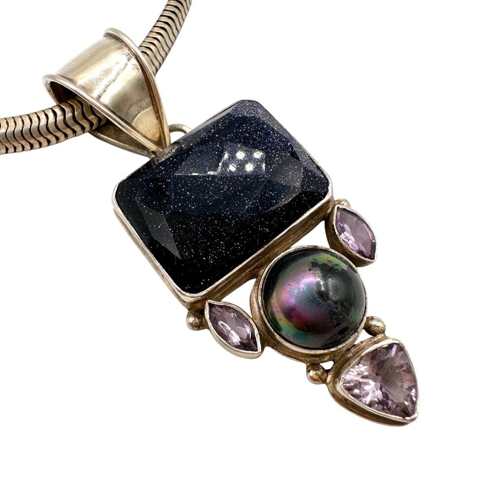 Multi Gem w Forstner Sterling Silver Choker Blue Goldstone Blck Pearl Amethyst